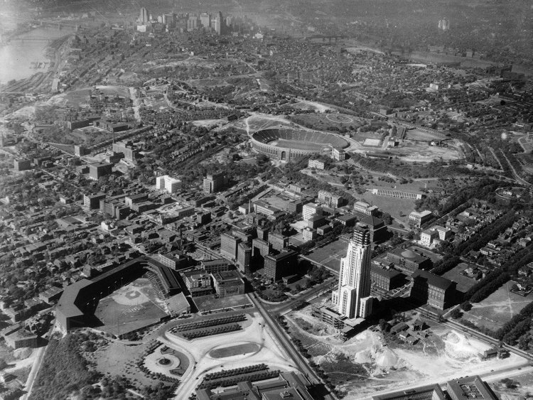 baseballinpix's tweet image. Overhead view of Forbes Field and Pittsburgh, 1930
