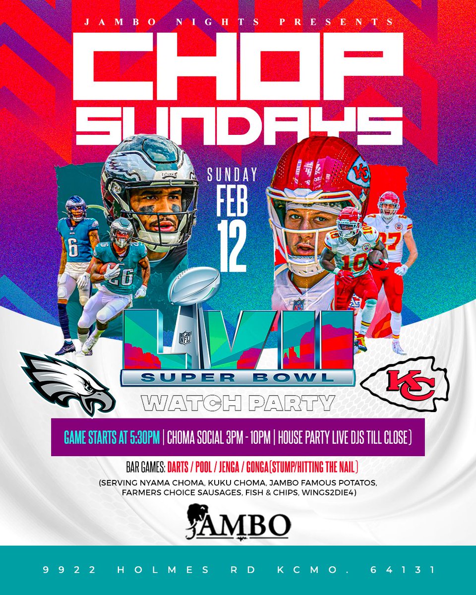 Jambo_Kc's tweet photo. Let's bring the trophy back.
The watch party &amp; after party with #ChiefsKingdom friends and family @ Jambo Bar &amp; Grill.
9922 Holmes Rd.,KCMO. https://t.co/ZnefnAnHq9