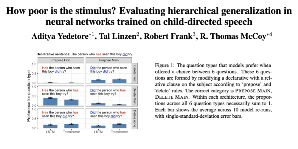 AdityaYedetore's tweet image. NEW PREPRINT
Excited to release my first first-author paper! We investigate if neural network learners (LSTMs and Transformers) generalize to the hierarchical structure of language when trained on the amount of data children receive.
Paper: aps.arxiv.org/abs/2301.11462
