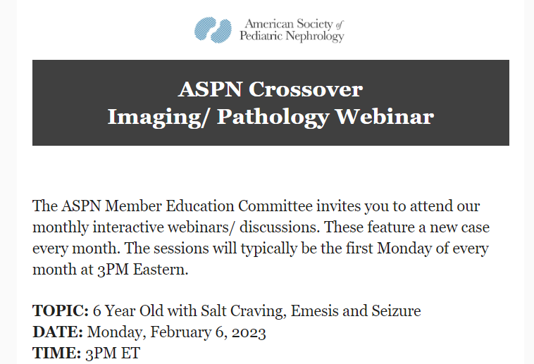 Dear <a href="/ASPNeph/">American Society of Pediatric Nephrology</a> members,

For Feb 2023, we have a crossover Path/ Radio webinar with <a href="/PetgraveYonique/">Yonique Petgrave</a> Dr. Seth Vatsky
<a href="/Trumidor/">Patrick D Walker</a> Dr. Miranda Flores

📅 Feb 6, 2023, at 3 PM ET/ 2PM CT/ 12 noon Pt

Check your email for the webinar link
Questions? contact info@aspneph.org