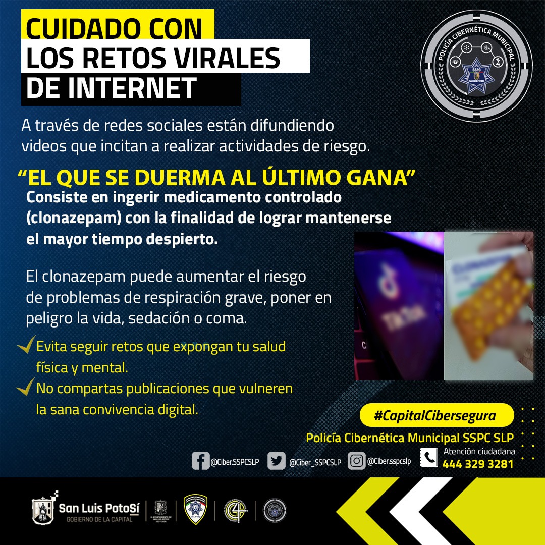 Ciber_SSPCSLP's tweet photo. 🆘🚨ALERTA POR RETO EN TIKTOK

👮🏻‍♂️👮🏻‍♀️💻 A través de redes sociales se está llevando a cabo un challenge (reto), el cual consiste en consumir medicamento (clonazepam) y el ganador será el último que se duerma.
‼️Ésta actividad pone en peligro tu integridad. https://t.co/wdULJUHZUb