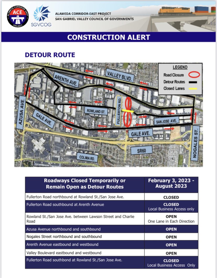The San Gabriel Valley Council of Governments' contractor will be closing north Fullerton Road between Rowland Street/San Jose Avenue and Arenth Avenue and the east/south lanes along Rowland Street/San Jose Avenue between Charlie Road and Lawson Street for improvements.