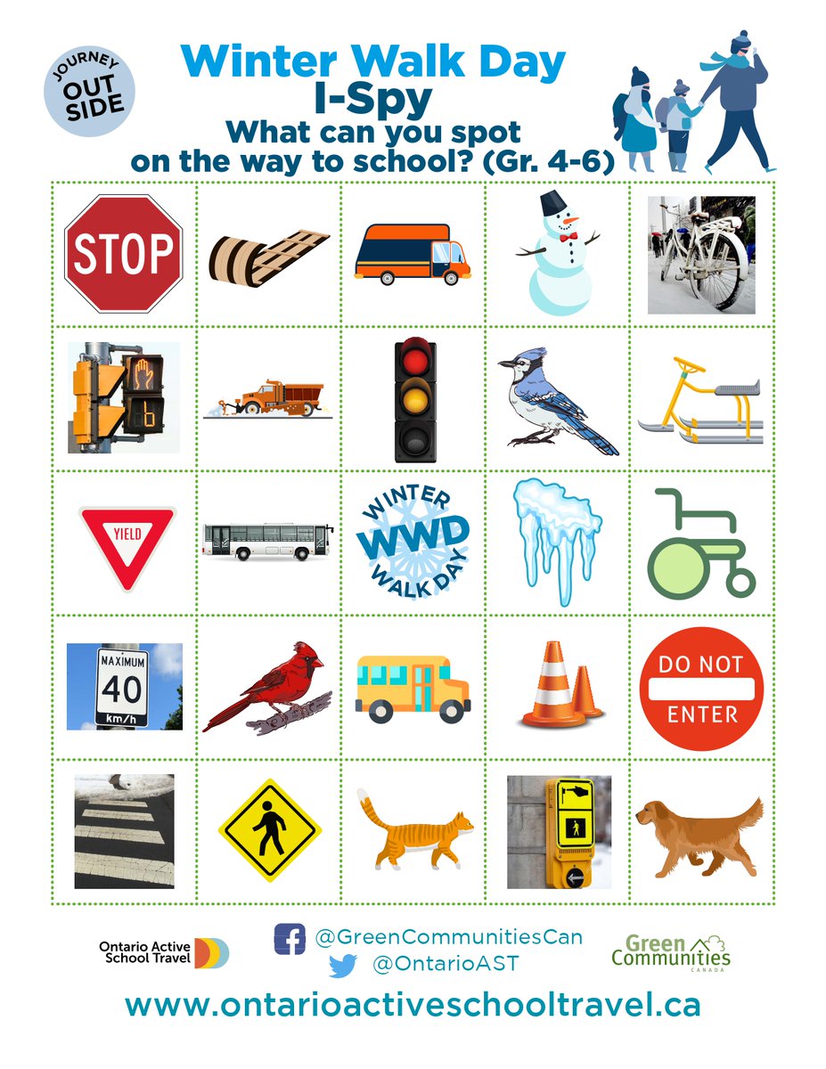 ☃️ Fluffy snow people 
❄️ Hanging icicles 
🧥 Bundled up classmates 

How many of these can you and your child(ren) spot during your walk to school? 

Download the #WinterWalkDay I-Spy activity cards to track your sightings! 
ontarioactiveschooltravel.ca/winter-walk-da…