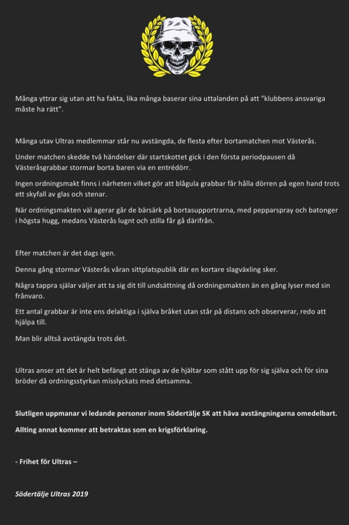 #twittssk <a href="/SodertaljeSK/">Södertälje Sportklubb</a> 
Ställ allting till rätta nu så är allt förlåtet, så lovar vi att sången ekar i Scaniarinken säsongen ut.