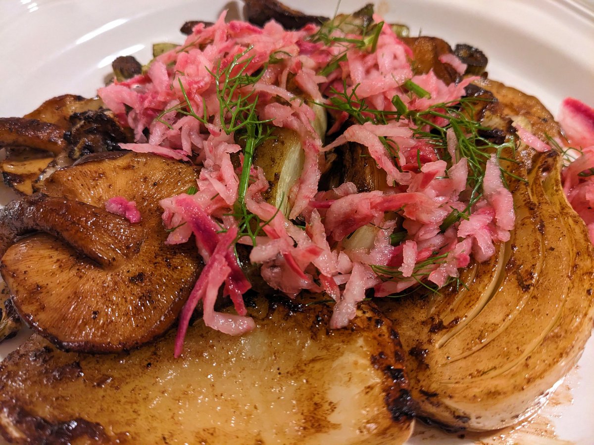 Eldest turns 25. Youngest is at work. L-Train is out being L-Train. Time for Blues and some pan caramelized fennel, shitake mushrooms and quick pickled purple radish and fennel greens.