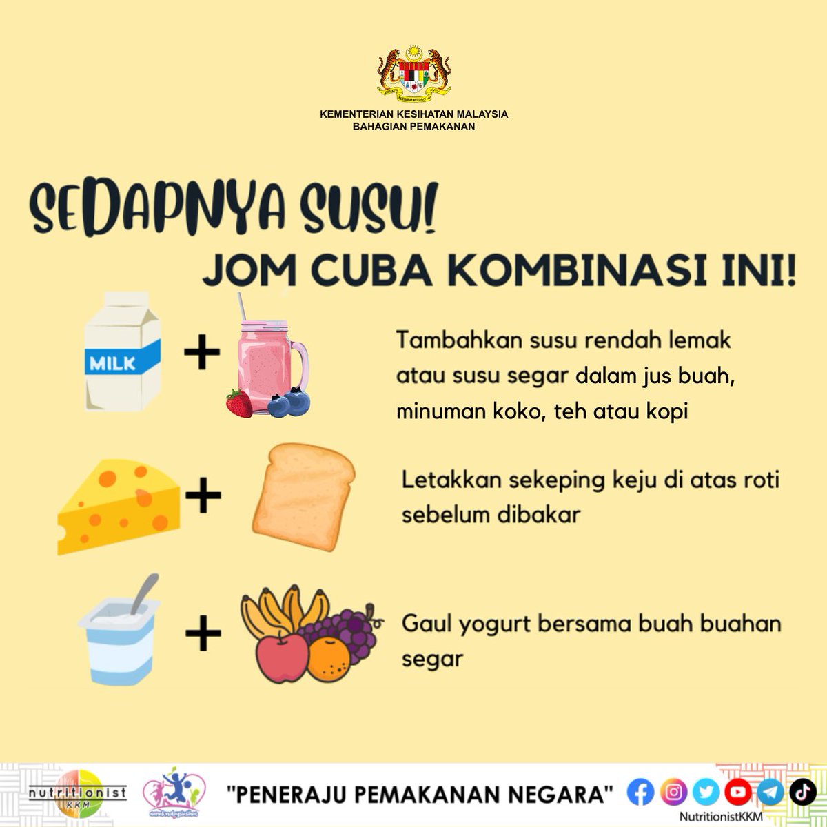 BhgPemakananKKM's tweet photo. Amalan minum susu di kalangan rakyat Malaysia, baik di kalangan kanak kanak mahupun dewasa, adalah rendah. Bagi membantu mencukupkan pengambilan susu harian, iatitu sekurang-kurangnya 1-3 gelas sehari, susu sesuai diambil sebagai hidangan snek.

Bagi yang kurang menggemari rasa https://t.co/MXvdHH0qQ4