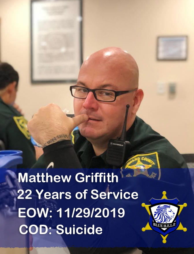 1sthelporg's tweet photo. Tonight, we honor the service of Deputy Matthew Griffith, who died by suicide on November 29, 2019, after 22 years of service.

#HonorThem #BlueHELP #WatchYour12 #FirstHELP

To read Officer Griffith's full memorial page, please visit https://t.co/Hwni3A8wYP https://t.co/A02MzeaKyr