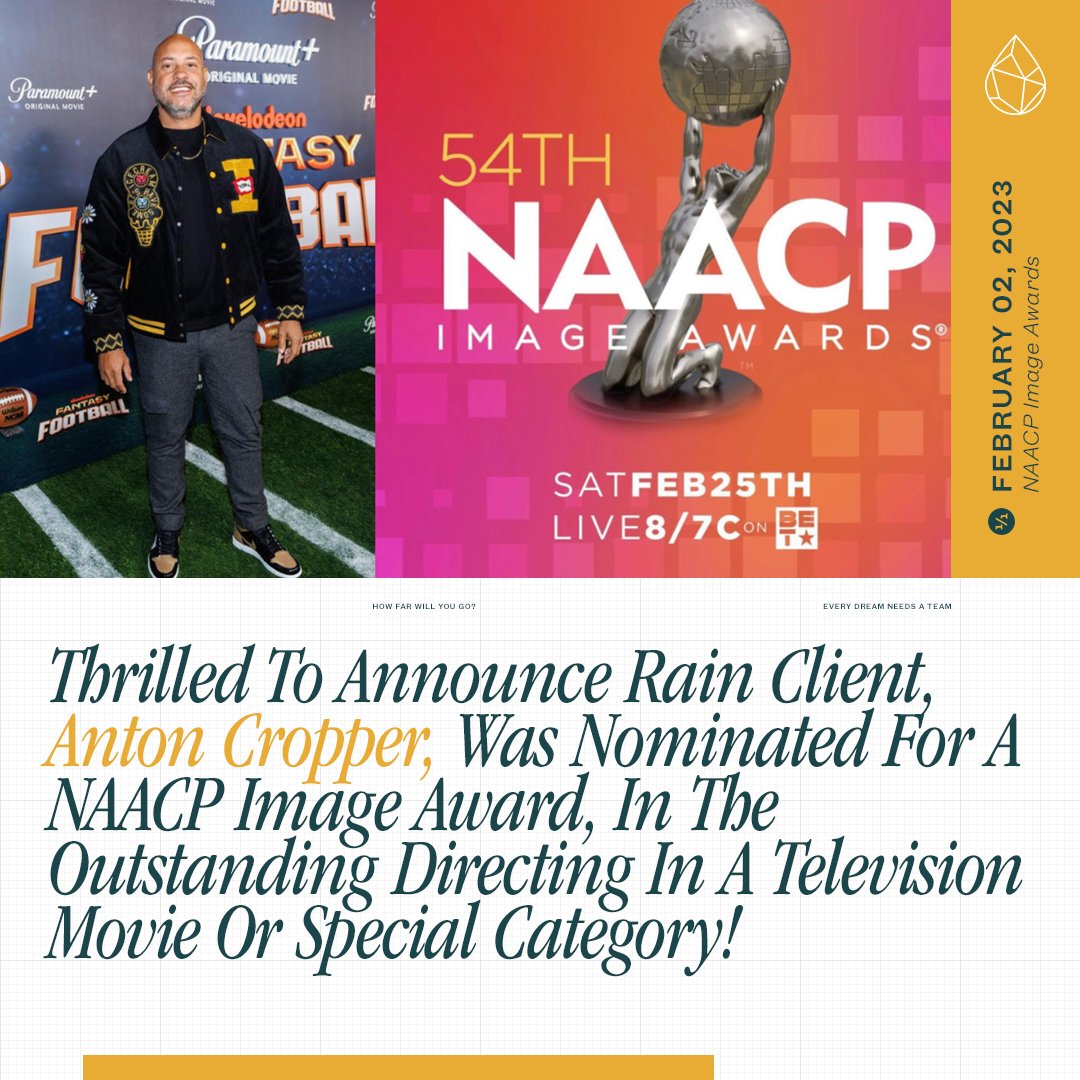 RainManagement's tweet photo. A special shout-out to Rain Client, Anton Cropper, for his NAACP nomination for directing "Fantasy Football". Catch the feel-good film on Paramount +, and make sure to send Anton congratulations!
#director #directing #directors #rainclient #rainmanagement #naacpimageawards https://t.co/Z0u9TztMk6