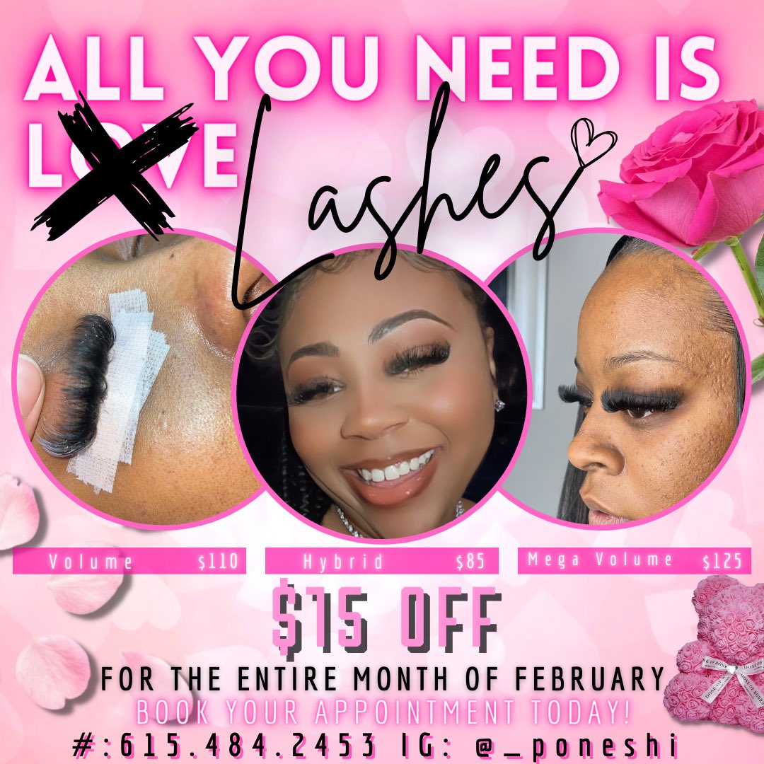 All I need is for YOU to let me lash you! 🫶🏼

Book your next lash appointment for $15 off the entire month of LOVE. 💕

#eyelashes #eyelashextensions #lashstrips #nashvilletn #eastnashville #middletn #TSU #fiskuniversity #love #lashtech #nashvillelashtech