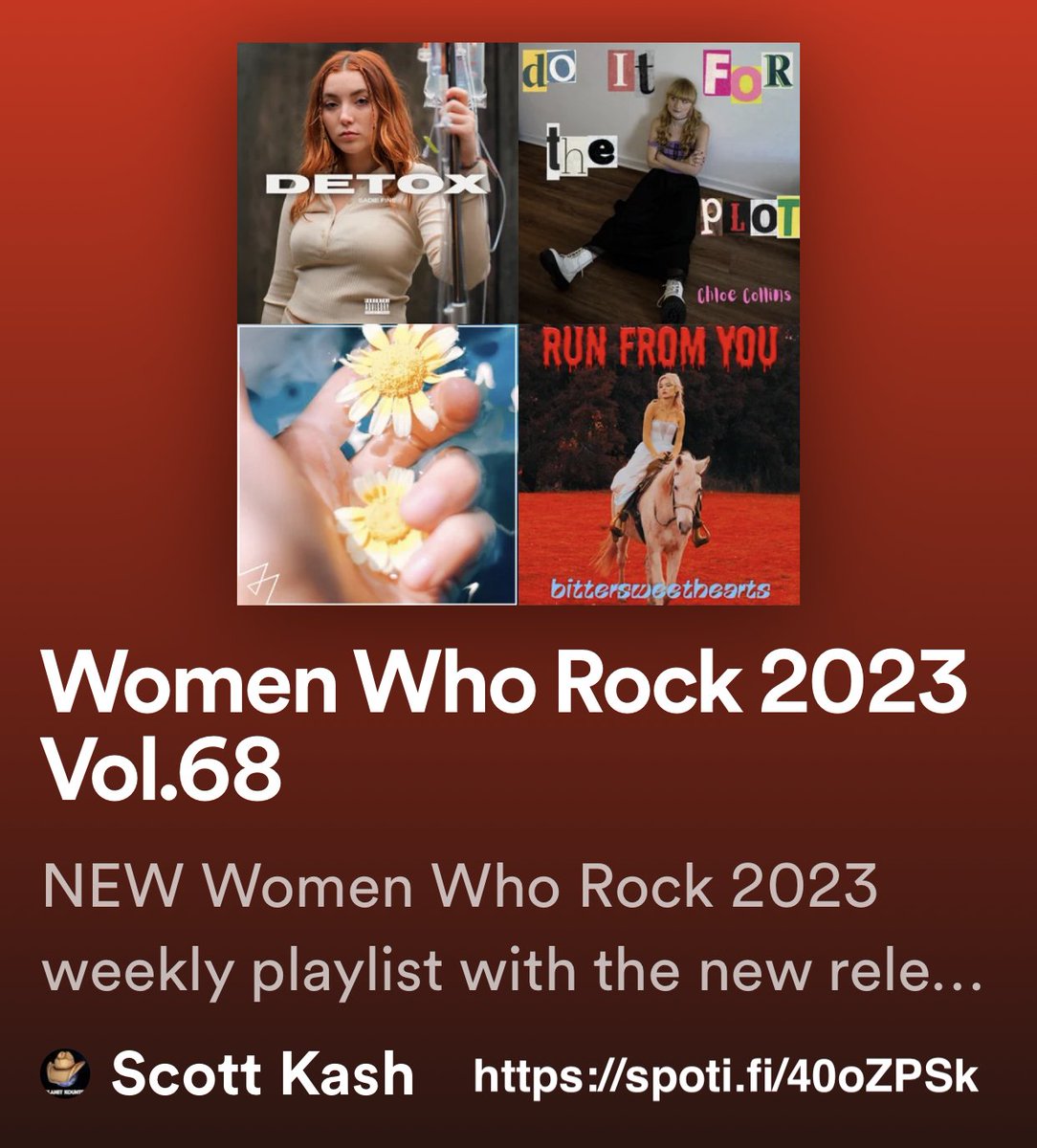 Scott Kash (@scottkash88) on Twitter photo NEW #WomenWhoRock playlist with new releases by
<a href="/SadieFineSings/">Sadie Fine</a>
<a href="/ChloeCollinsMus/">Chloë Collins</a>
<a href="/madilynbailey/">Madilyn Bailey</a>
@bttrswthrtsband
<a href="/mayamalkin/">Maya Malkin</a>
<a href="/WalkOffTheEarth/">Walk off the Earth</a>
+MORE
#Spotify
spoti.fi/40oZPSk
#NewMusic #Pop #Alt #Rock #Blues #RnB <a href="/BlackettMusic/">Benjamin Blackett </a> #rtitbot <a href="/rttanks/">EpochBots</a> #SpotifyRT NEW #WomenWhoRock playlist with new releases by
<a href="/SadieFineSings/">Sadie Fine</a>
<a href="/ChloeCollinsMus/">Chloë Collins</a>
<a href="/madilynbailey/">Madilyn Bailey</a>
@bttrswthrtsband
<a href="/mayamalkin/">Maya Malkin</a>
<a href="/WalkOffTheEarth/">Walk off the Earth</a>
+MORE
#Spotify
spoti.fi/40oZPSk
#NewMusic #Pop #Alt #Rock #Blues #RnB <a href="/BlackettMusic/">Benjamin Blackett </a> #rtitbot <a href="/rttanks/">EpochBots</a> #SpotifyRT