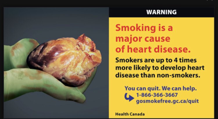 Veteran4Freedom's tweet photo. Cigarette pictorial warning requirements for tobacco product packages since 2000.

This week BC legalizes 3.5 grams of heroin, cocaine, meth, and fentanyl for personal use. “CANT WAIT to see the METH pictorial warnings.” …sarcasm. https://t.co/Pi0XwX48lK
