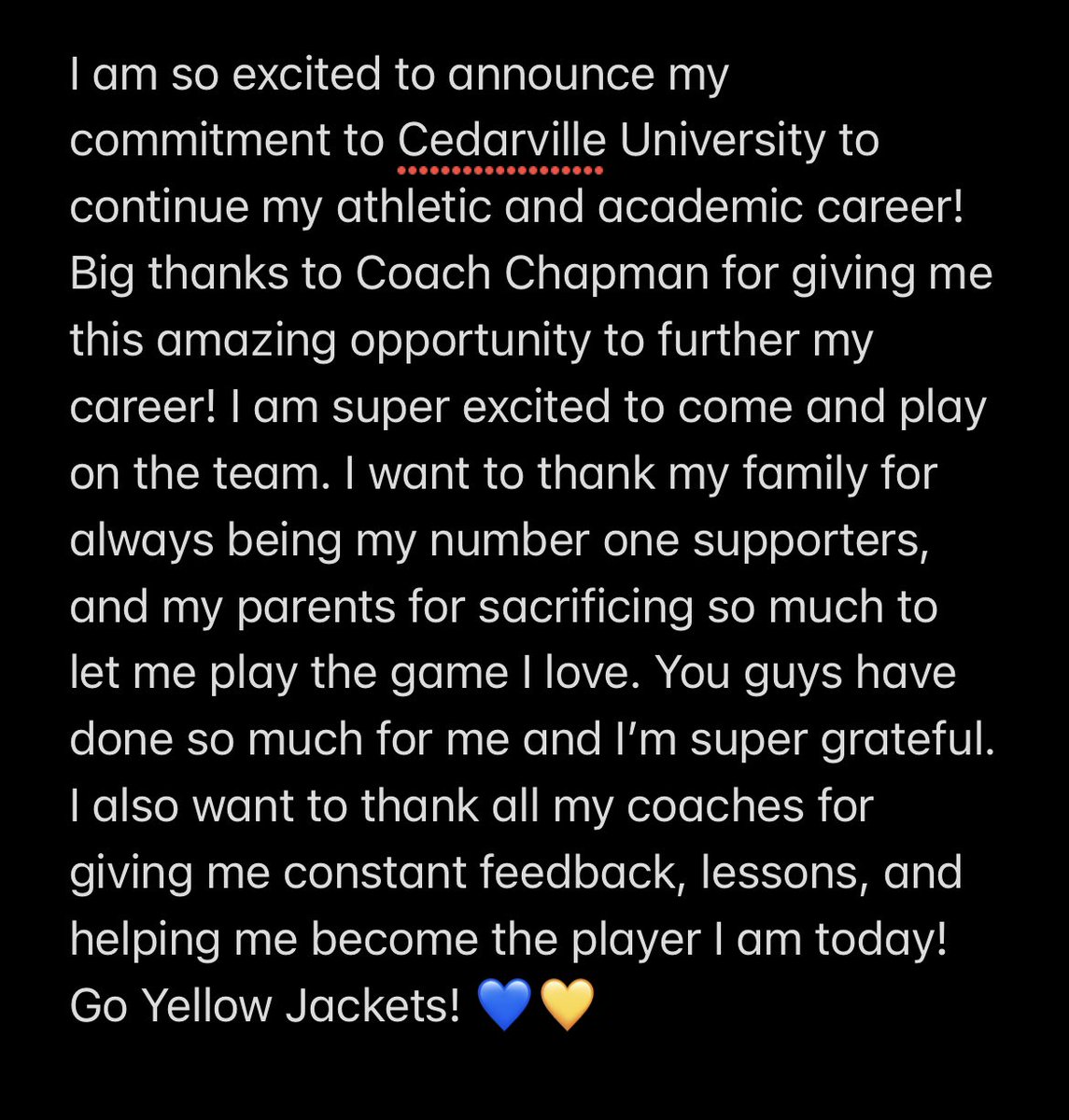 AnnaKGard06's tweet photo. So excited to announce that I am continuing my athletic and academic career at Cedarville University! Go Yellow Jackets!! @CUJacketsSB @coachkchapman 💙💛@CollegeBDJocks https://t.co/XgyAWkzmvE