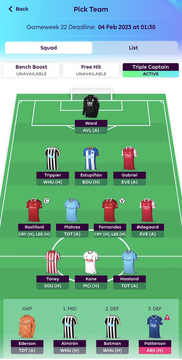 FPL_Lekker's tweet photo. Here’s how my current team is looking with 2 free transfers. Only want to use one of them. Current thinking is either Ederson to De Gea or Toney to Nketiah? What would you do? #FPL #FPLCommunity #FPLisLekker https://t.co/oiZrDFBRbN