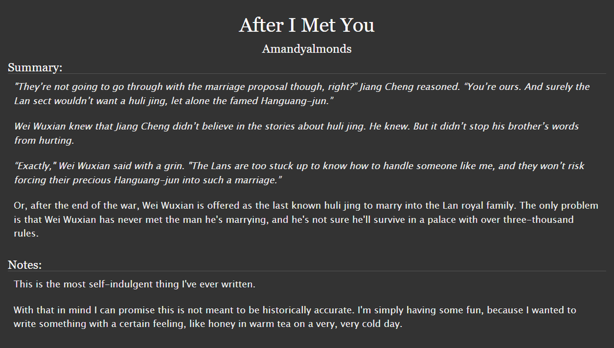 Amandyalmonds's tweet photo. After I Met You

🌿8k, 2/?, #WangXian 
🌿canon divergence, palace au, foxxian/dragonji
🌿Wei Wuxian marries Hanguang-jun to stabilize the relations between the great sects. This, unsurprisingly, doesn't go as smoothly as planned.
🌿~Link below~🌿 https://t.co/hKdzEZpFSZ