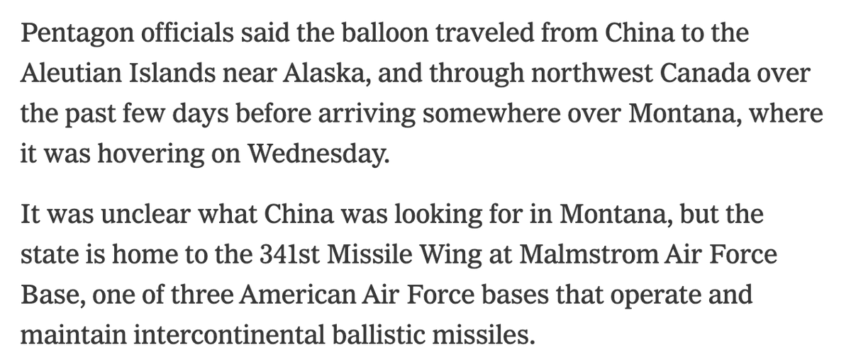 Faytuks's tweet photo. BREAKING: Pentagon officials say the Chinese spy balloon travelled from China to the Aleutian Islands near Alaska, and through northwest Canada over the past few days before arriving somewhere over Montana on Wednesday - NYT 

https://t.co/hrnTRNis10 https://t.co/Wclc5xxmbn