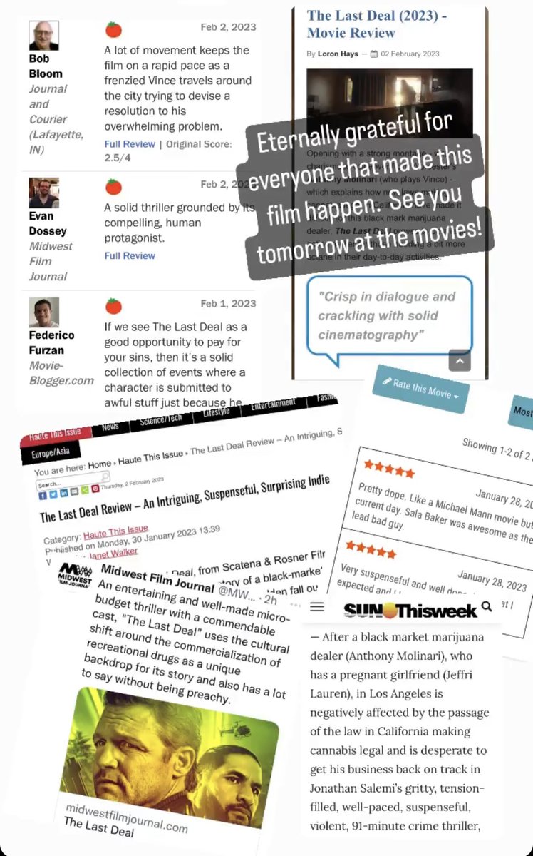 TheLastDealFilm's tweet photo. The reviews are coming in! Don't miss out! See @TheLastDealFilm in theaters tomorrow and on #VOD Feb 7th. More info at https://t.co/ZpAs56hwse @OctoberCoast @snr_films #indiefilm #MSOS $MSOS #movietwit #thelastdeal #movienight #selecttheaters #MovieReview https://t.co/CqaSZasNac