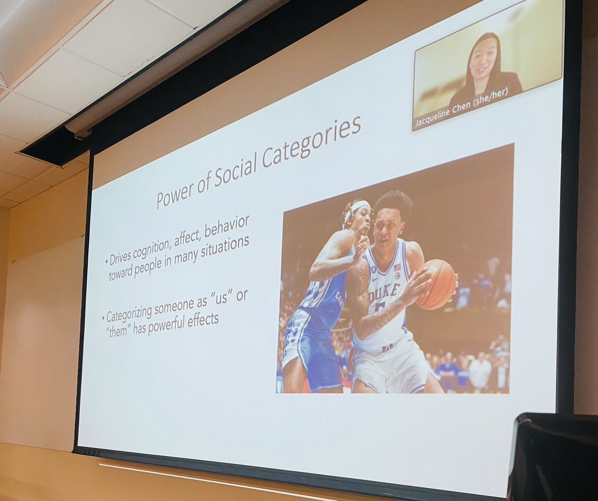 My #socialpsych class today <a href="/DukePsychNeuro/">Duke Psychology & Neuroscience</a> was more fun than usual since @JackieMChen was our guest speaker! She knows her audience <a href="/DukeU/">Duke University</a> well with our rival game against “that school down the road” on Saturday as an example of social categories…Thanks, Jackie! 😎