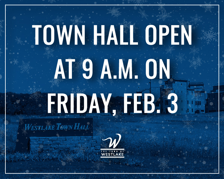 townofwestlake's tweet photo. Town Hall will be open on Friday, February 3, starting at 9 AM. 

Westlake Academy, Keller ISD, and Northwest ISD will be closed. Carroll ISD will have a 2-hour delay.

Trash will be pushed back by one day to Saturday, February 4. There will be NO recycling this week. https://t.co/2Lzq3L0Jiu