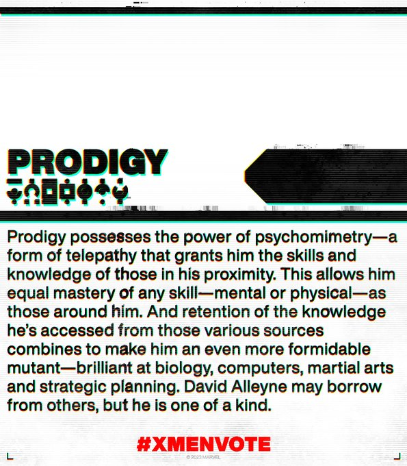 newxmenvol2's tweet photo. look, if for some reason ur still debating on who to vote for: prodigy deserves this W.

- academy x-era so u know he can handle anything 
- hasnt been on the x-men team yet unlike SOME nominees
- IS A MUTANT UNLIKE ONE NOMINEE?
- jean + synch + david = OP

#VoteProdigy #XMenVote https://t.co/gJDrf8uPN7