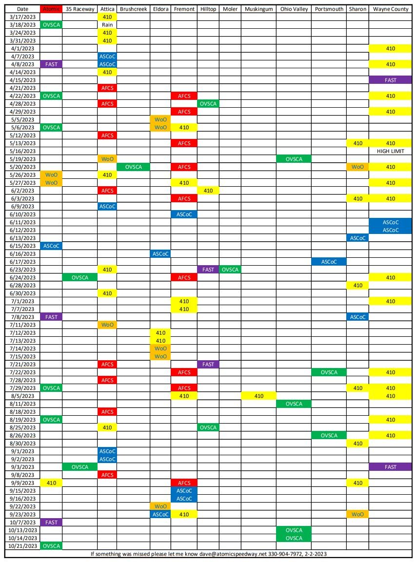 An Ohio 410 Schedule I threw together. If anyone has additions please let me know and I can add them to it and repost.

I mainly use it when we have a rainout and are looking to reschedule and not step on anyone else, that is why Atomic is in red.