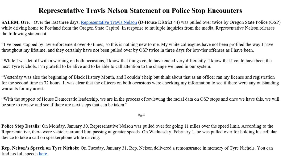 MarijuanaOR's tweet photo. @ORHouseDems: 'Rep. @IamTravisNelson has been pulled over by police +40 times since he started driving, and in just 3 days this past week, he was pulled over 2x driving home from the Capitol. Black communities should no… https://t.co/yRFH1ennhn, see more https://t.co/1wgSiuRI2s