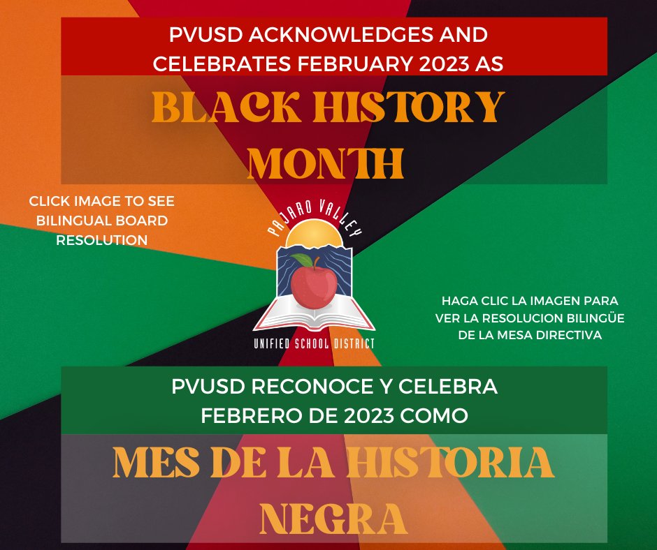 Pajaro Valley Unified School District (@pajarovalleyusd) on Twitter photo #PVUSD celebrates Black History Month. We are pleased to share this Resolution approved by the Board of Trustees.
Link to bilingual resolution: tinyurl.com/24lrkwkq
<a href="/mlrod32/">Dr. Michelle Rodriguez</a> <a href="/PVFT/">PVFT</a> <a href="/pvusd_merit/">PVUSD Personnel Commission</a> #PVUSD celebrates Black History Month. We are pleased to share this Resolution approved by the Board of Trustees.
Link to bilingual resolution: tinyurl.com/24lrkwkq
<a href="/mlrod32/">Dr. Michelle Rodriguez</a> <a href="/PVFT/">PVFT</a> <a href="/pvusd_merit/">PVUSD Personnel Commission</a>