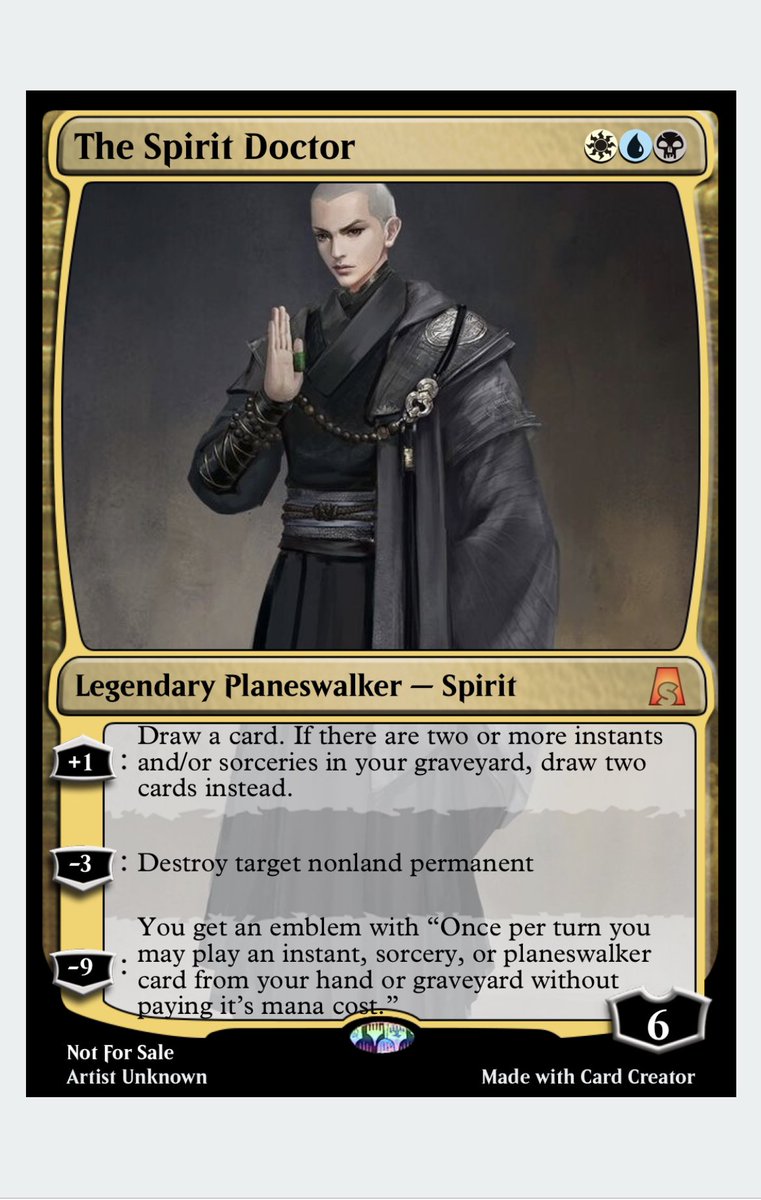 TheSpiritDr's tweet photo. Inspired by the @MTGGoldfish boys on the Clash Podcast to think about card design. It led me to think about how seemingly difficult it is to make a balanced 3 mana walker. Here is my take. Is this too strong? Why or Why not? @SaffronOlive @Theasianavenger @BudgetCommander https://t.co/G2hSQZLBnm