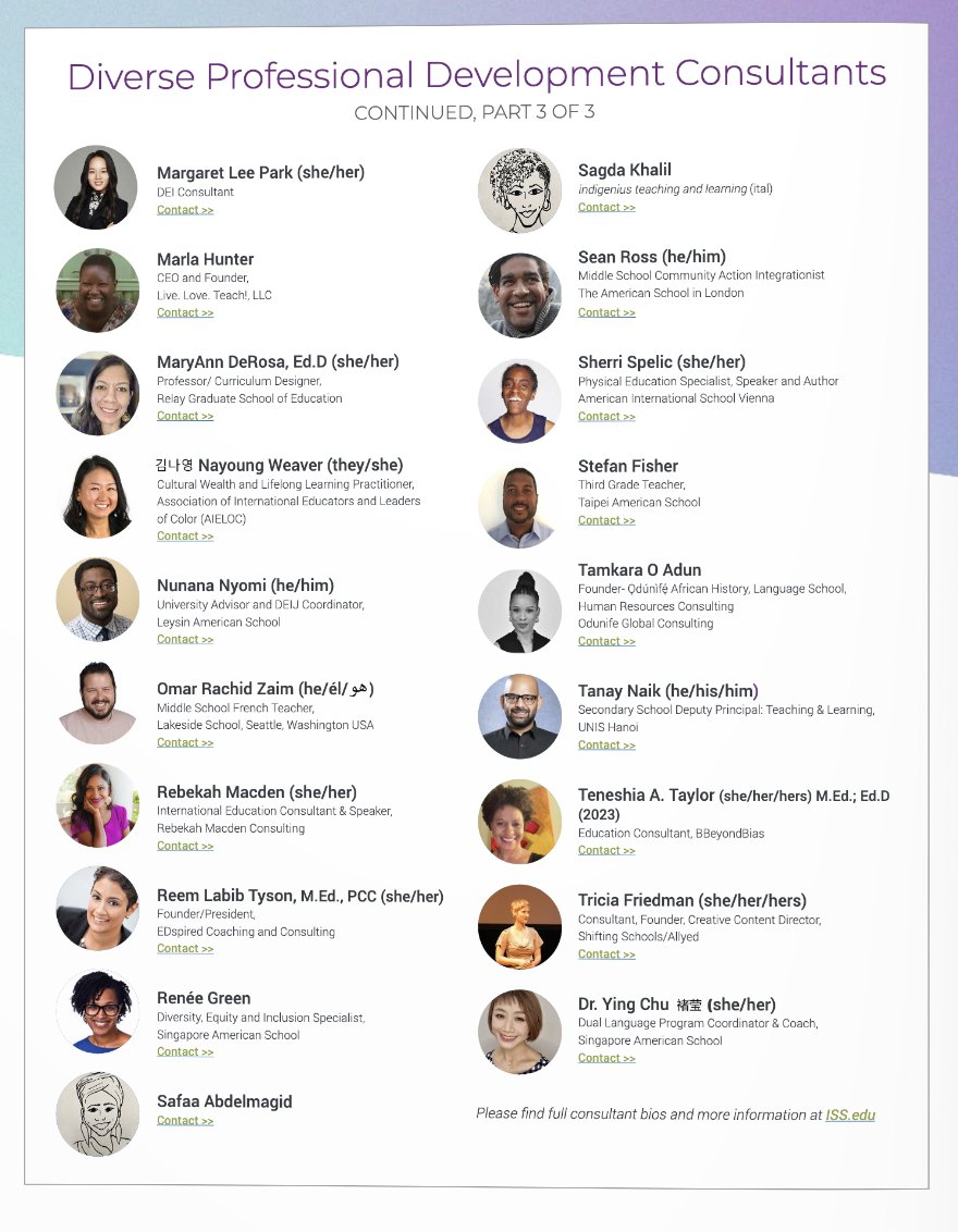 A collaboration of AIELOC, International Schools Services, Diversity Collaborative. Here is an updated list of diverse facilitators and consultants who offer professional learning experiences that educate and inspire us to be agents of change in education. We see you!
