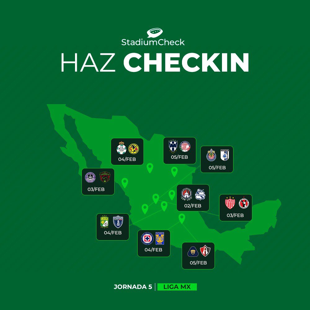 ¡¡¡MOMENTO DE FUTBOL MEXICANO!!!🇲🇽🤩

Esta es la ruta completa de los partidos de la Jornada 5 de la Liga MX. 

Si asistes a alguno, recuerda hacer Check-In en StadiumCheck, disponible en Apple Store y Google Play.