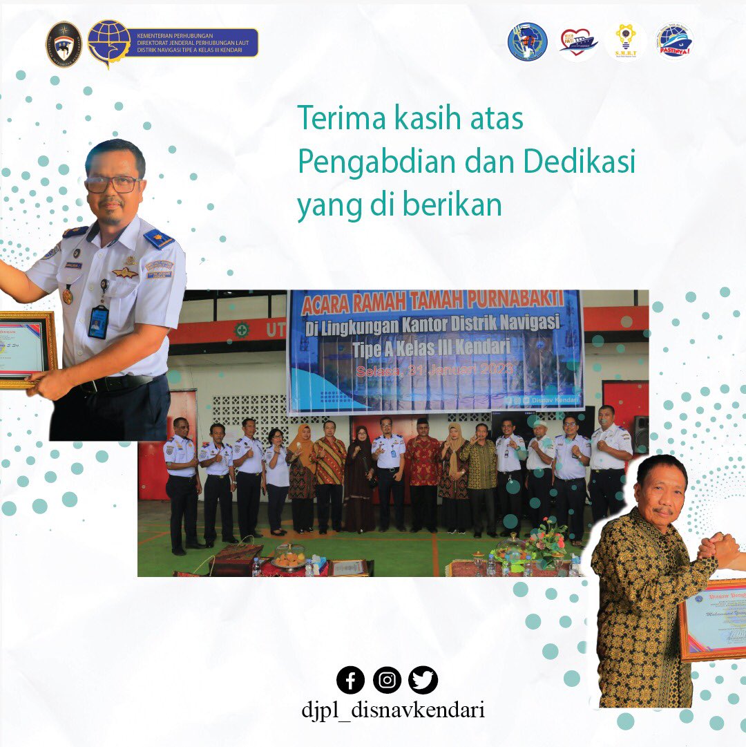 #Kawanlaut! Ramah Tamah Purna Bhakti Kenavigasian Dirjen Hubla yang dihadiri oleh Para Pensiunan di Lingkungan Kantor Distrik Navigasi Type A Kelas III Kendari yang di gelar pada Hari Selasa , 31 Januari 2023 di Bengkel Kenavigasian Disnav .
#SMRTHublaPastinya #LewatLaut
