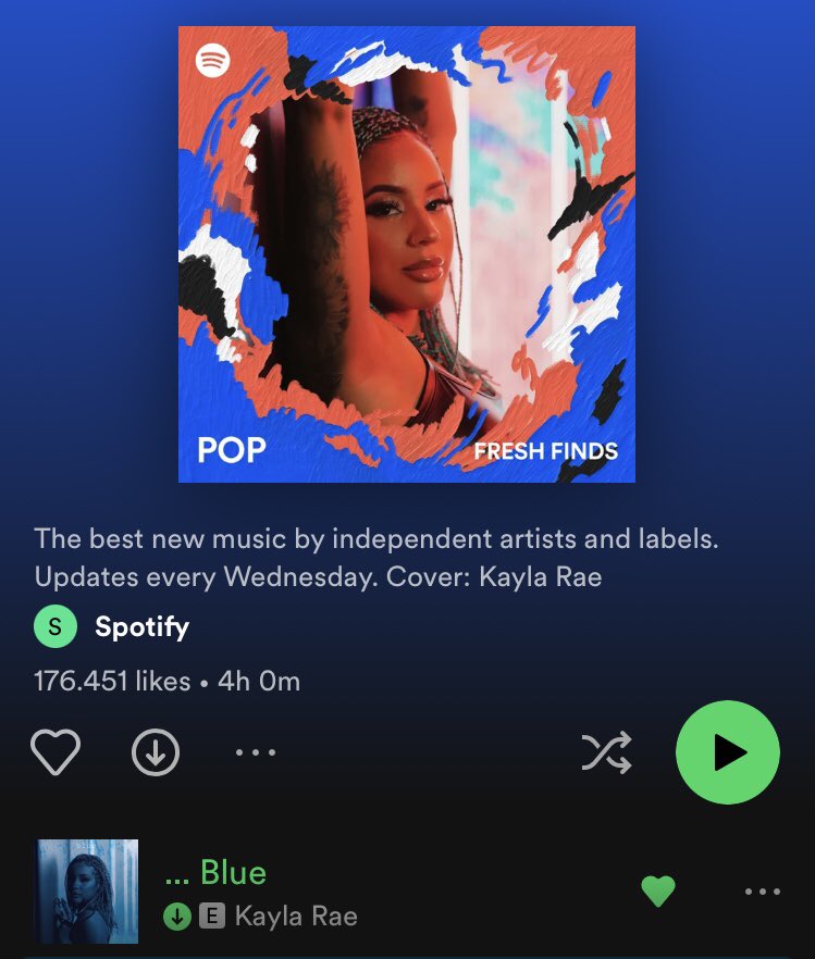 #Spotify | A Kayla é capa da playlist “Fresh Finds Pop” com “BLUE” em #1. 

🖇 open.spotify.com/playlist/37i9d…