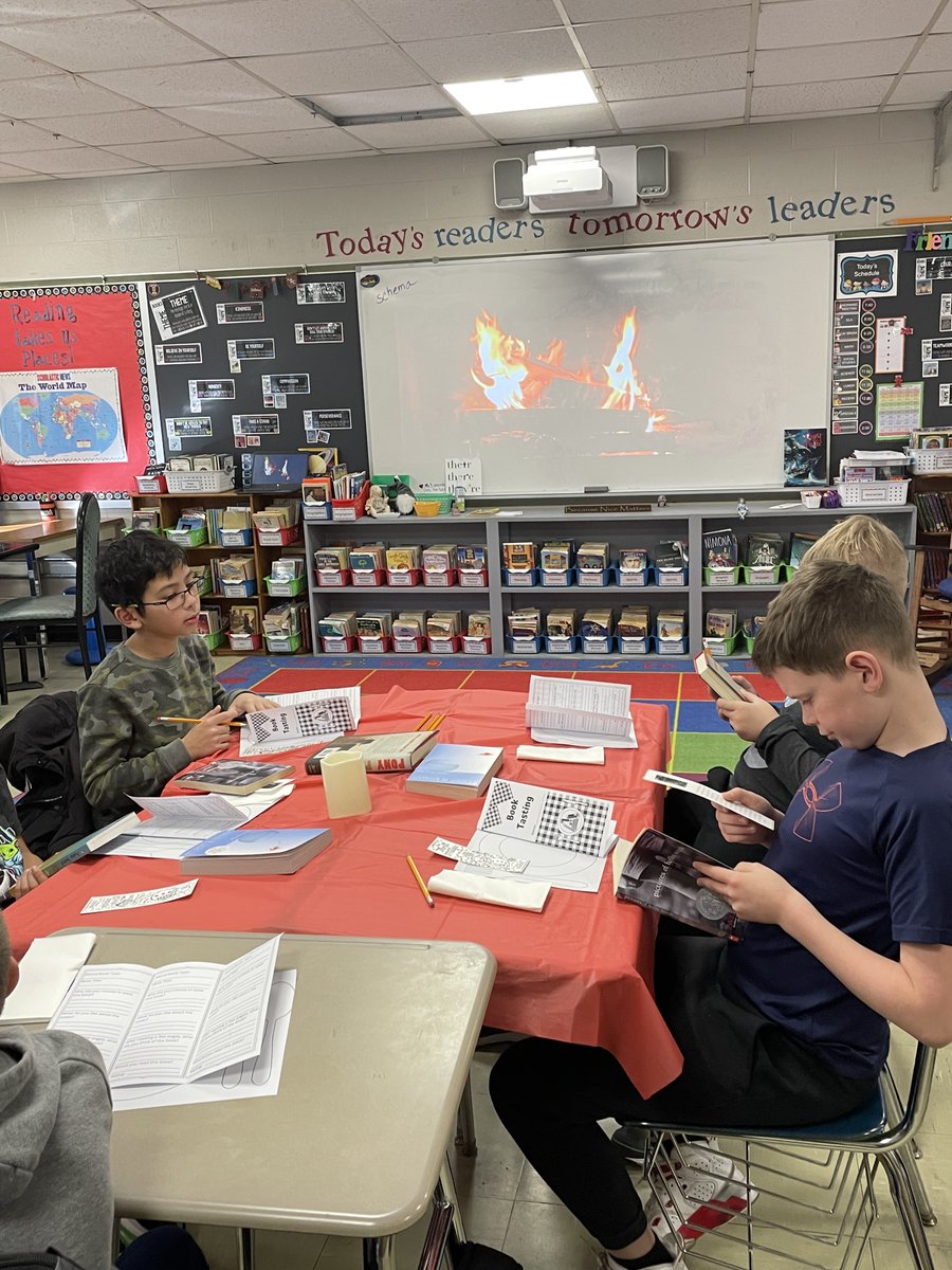 freud_nancy's tweet photo. Gr. 5 &amp; 6 "book tasting" today for our book club! Students examined 4 books, recorded their thoughts on menus and voted for their favorite! Can you guess what they chose? @UxbWhitin @LindaSimonds107  #celebratereading  #whitinwarriors https://t.co/E1xxFwXLgF