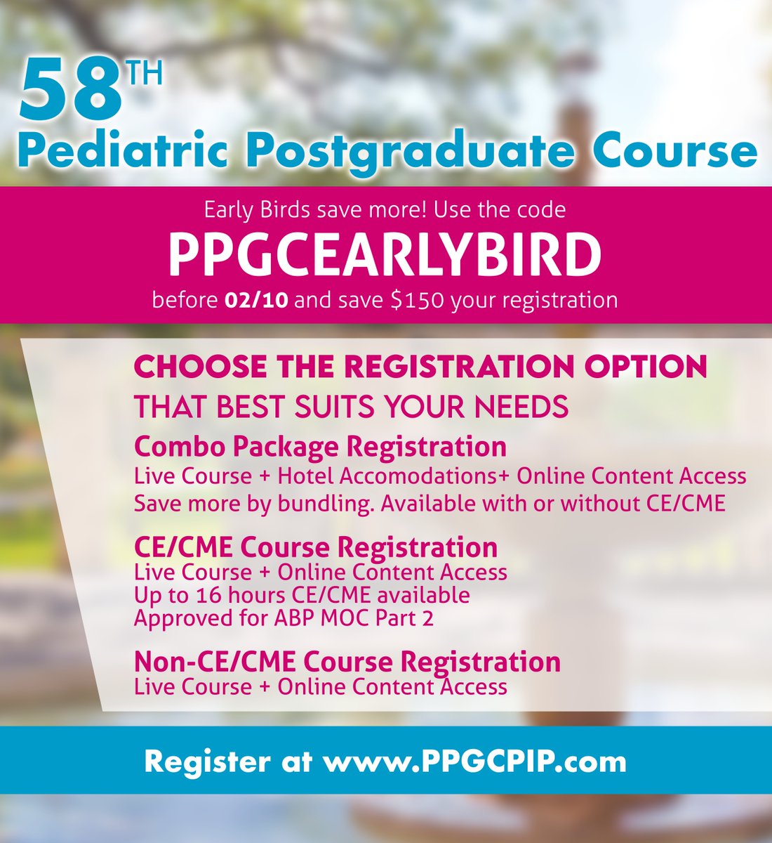 nicklausmeded's tweet photo. Our PPGC Early Bird discount expires 02/10. Go to https://t.co/0yrZeKzIUY and register now! Registration closes March 17 & room block discounts at our venue close on 02/27 #MedEd #peds #medstudent #pedsdoc #tweetiatrician #58pppgc #pediatrics #pediatra #pediatria #MedTwโฆ https://t.co/mY3DrTpTX1