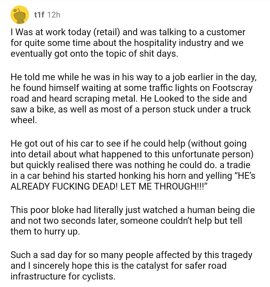 That first reply...

I'm not taking aim at tradies, rather how fucked car culture in Australia has become.