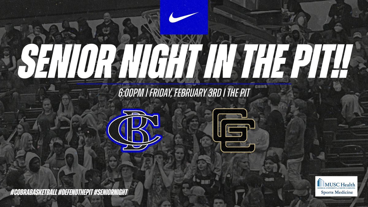 Cane Bay HS Athletics (@canecobra) on Twitter photo Senior Night in THE PIT for the Cobras as we host Goose Creek!
Varsity Girls at 6pm
Senior Night after Girls Game
Varsity Boys at 8pm
Game will be streamed on YouTube on the @abcnews4 channel. Let's welcome <a href="/_nataliespala/">Natalie Spala</a> and <a href="/JDelongchamps/">Jack DeLongchamps</a> to THE PIT!! Hope they like it LOUD!! Senior Night in THE PIT for the Cobras as we host Goose Creek!
Varsity Girls at 6pm
Senior Night after Girls Game
Varsity Boys at 8pm
Game will be streamed on YouTube on the @abcnews4 channel. Let's welcome <a href="/_nataliespala/">Natalie Spala</a> and <a href="/JDelongchamps/">Jack DeLongchamps</a> to THE PIT!! Hope they like it LOUD!!