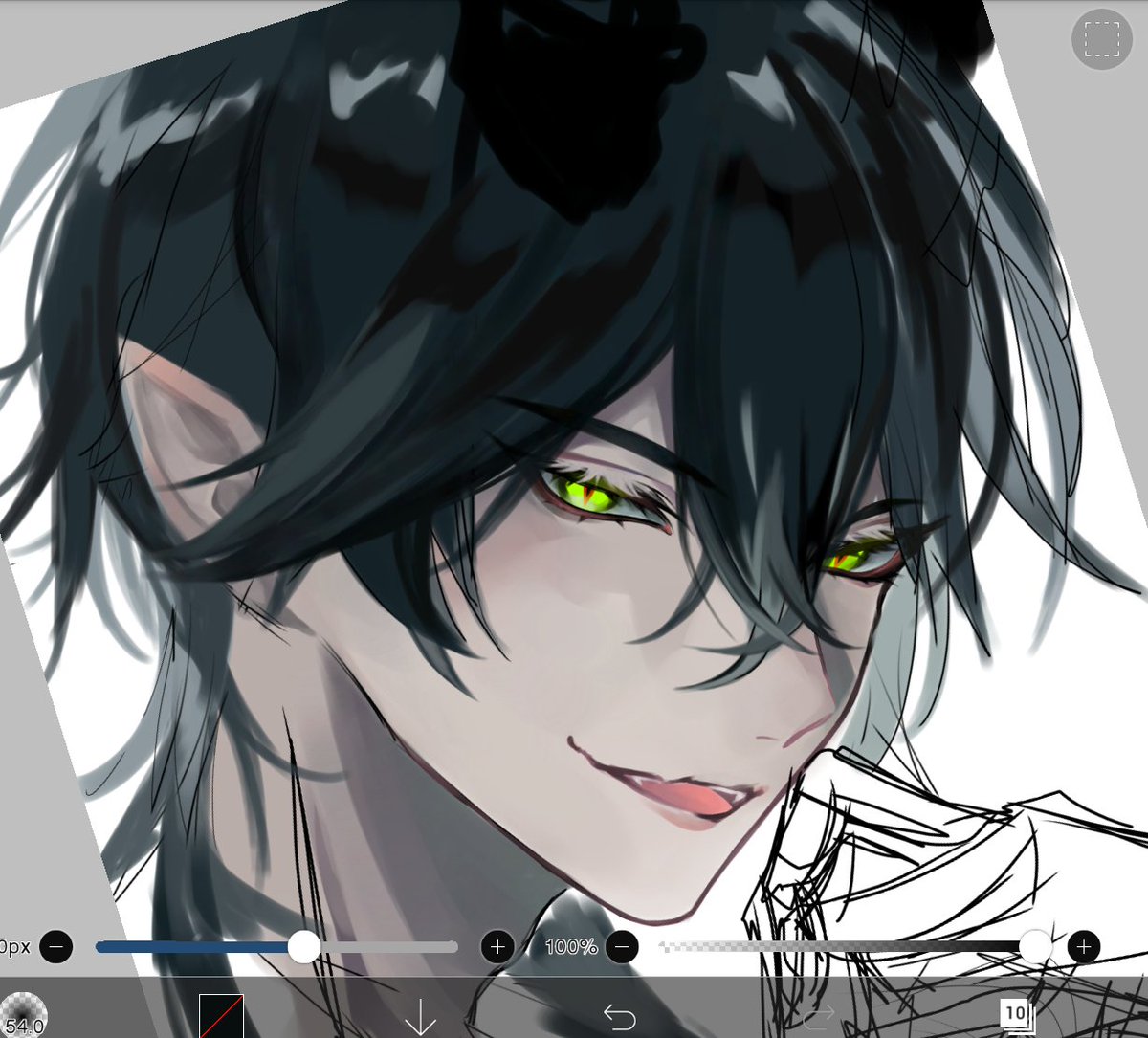 1boy male focus green eyes solo pointy ears black hair looking at viewer  illustration images