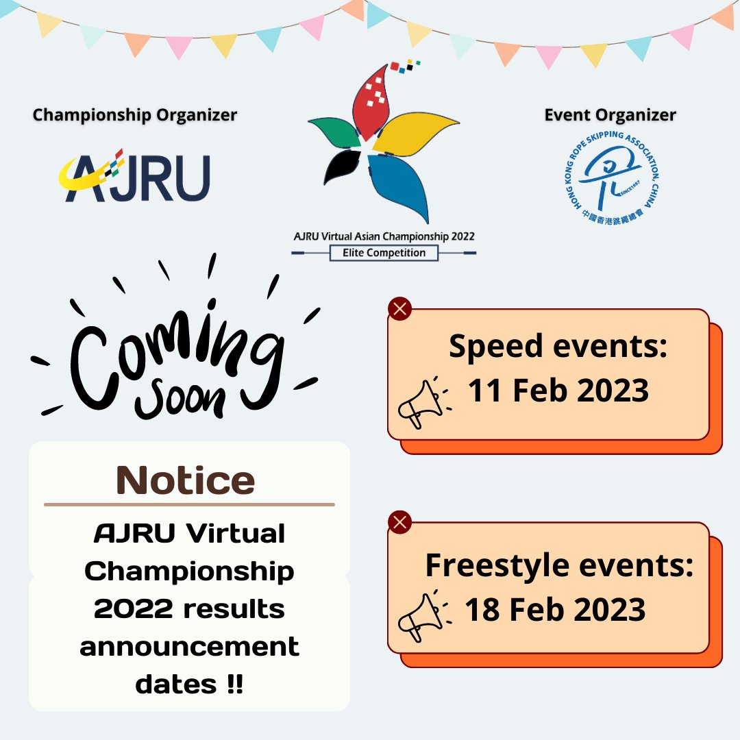 Thank you for your participation in the AJRU Virtual Asian Championship (VAC) 2022. 📣The announcement of results is scheduled to be released through the AJRU official website　(ajru.sport/ajru2022/ ) and social media.

#AJRU
#ASIANJUMPROPEUNION
#jumprope
#ropeskipping