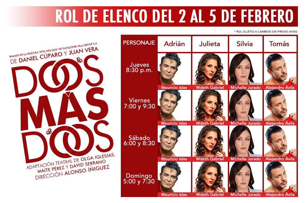 Hoy comienza la diversión del fin de semana con la mas exitosa comedia <a href="/ObraDosMasDos/">Dos Más Dos</a> en el Teatro Royal Pedregal con  @MauricioIslas  @AlexAvila14 y <a href="/wdethgabriel/">wdeth gabriel</a> #MichelleJurado
Boletos 🎟 ow.ly/N5XL50FF0mC