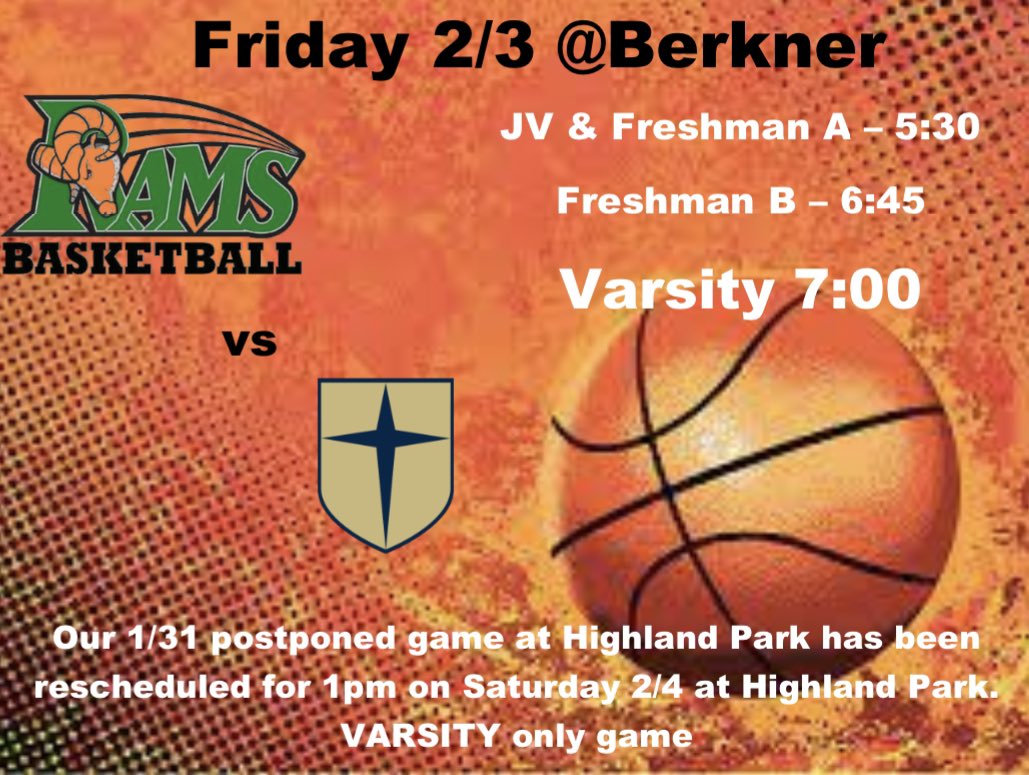 Jesuit at Berkner will be played as scheduled tomorrow. Come out and enjoy the game!!
#RamOn  <a href="/BerknerBoysBB/">Berkner Boys Basketball</a>
<a href="/berknerathletic/">Berkner Athletics</a> <a href="/RAMS_BBC/">BHS Athletic Booster Club</a> <a href="/bhsstem/">Berkner High School STEM Academy</a> <a href="/CoachNine7/">Trey Bryant</a>  @CheerBerkner