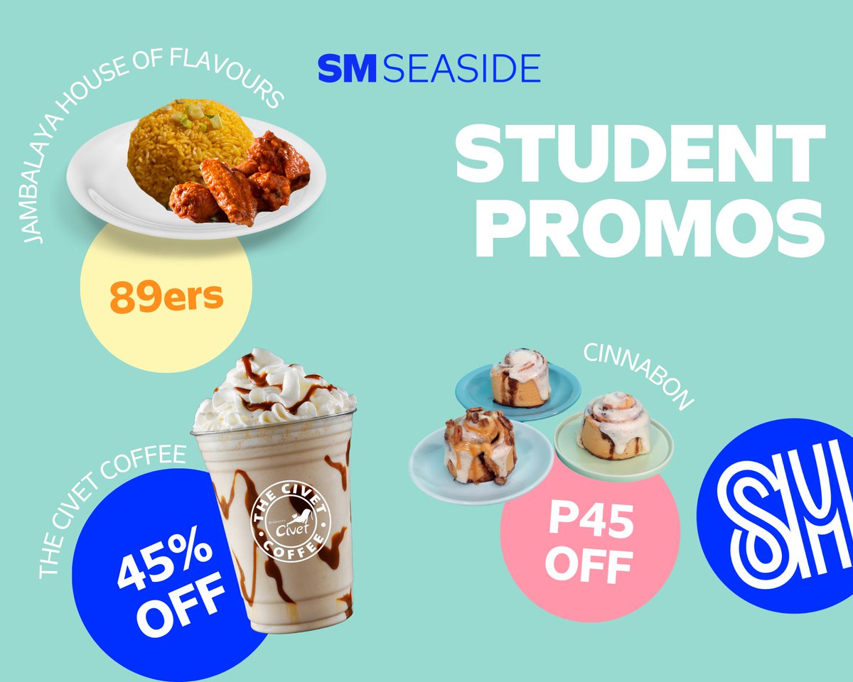 SMSeasideCebu's tweet photo. (1/2) What time is it? โฑ Time to give yourself that well-deserved break! ๐๐
Head over to SM Seaside and scan through this post for student promos, fun hangouts and free rides that you can avail on a budget!
See you #SMSquad! ๐ค
#EverythingsHereAtSM #AWorldOfExperienceAtSM https://t.co/NkeImkwq3f