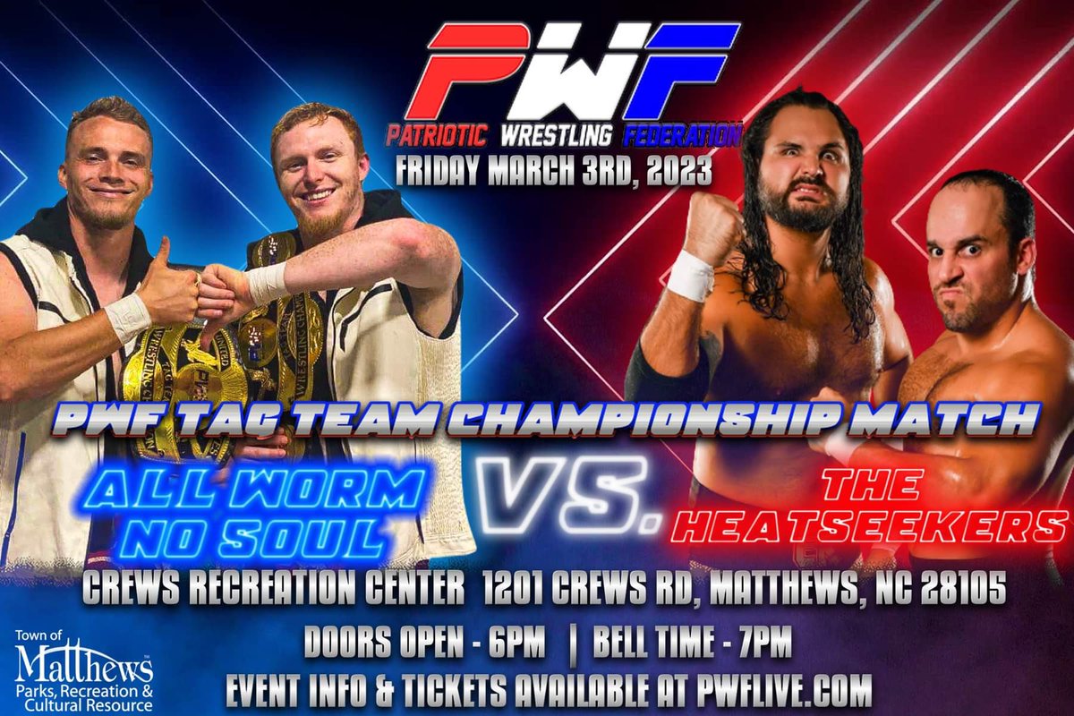 PatrioticWrestl's tweet photo. 𝐋𝐈𝐕𝐄 𝐏𝐑𝐎 𝐖𝐑𝐄𝐒𝐓𝐋𝐈𝐍𝐆 - 𝐌𝐚𝐫𝐜𝐡 𝟑𝐫𝐝
𝐅𝐚𝐦𝐢𝐥𝐲 𝐅𝐮𝐧 𝐍𝐢𝐠𝐡𝐭 𝐌𝐚𝐭𝐭𝐡𝐞𝐰𝐬 𝐍𝐂
𝐌𝐚𝐭𝐜𝐡 𝐀𝐧𝐧𝐨𝐮𝐧𝐜𝐞𝐦𝐞𝐧𝐭
PWF Tag Team Championship Match 
𝐀𝐥𝐥 𝐖𝐨𝐫𝐦 𝐍𝐨 𝐒𝐨𝐮𝐥 𝐯𝐬 𝐓𝐡𝐞 𝐇𝐞𝐚𝐭𝐬𝐞𝐞𝐤𝐞𝐫𝐬
𝐓𝐢𝐜𝐤𝐞𝐭𝐬 https://t.co/cF4S5ngQV5 https://t.co/0QyW81xBU5