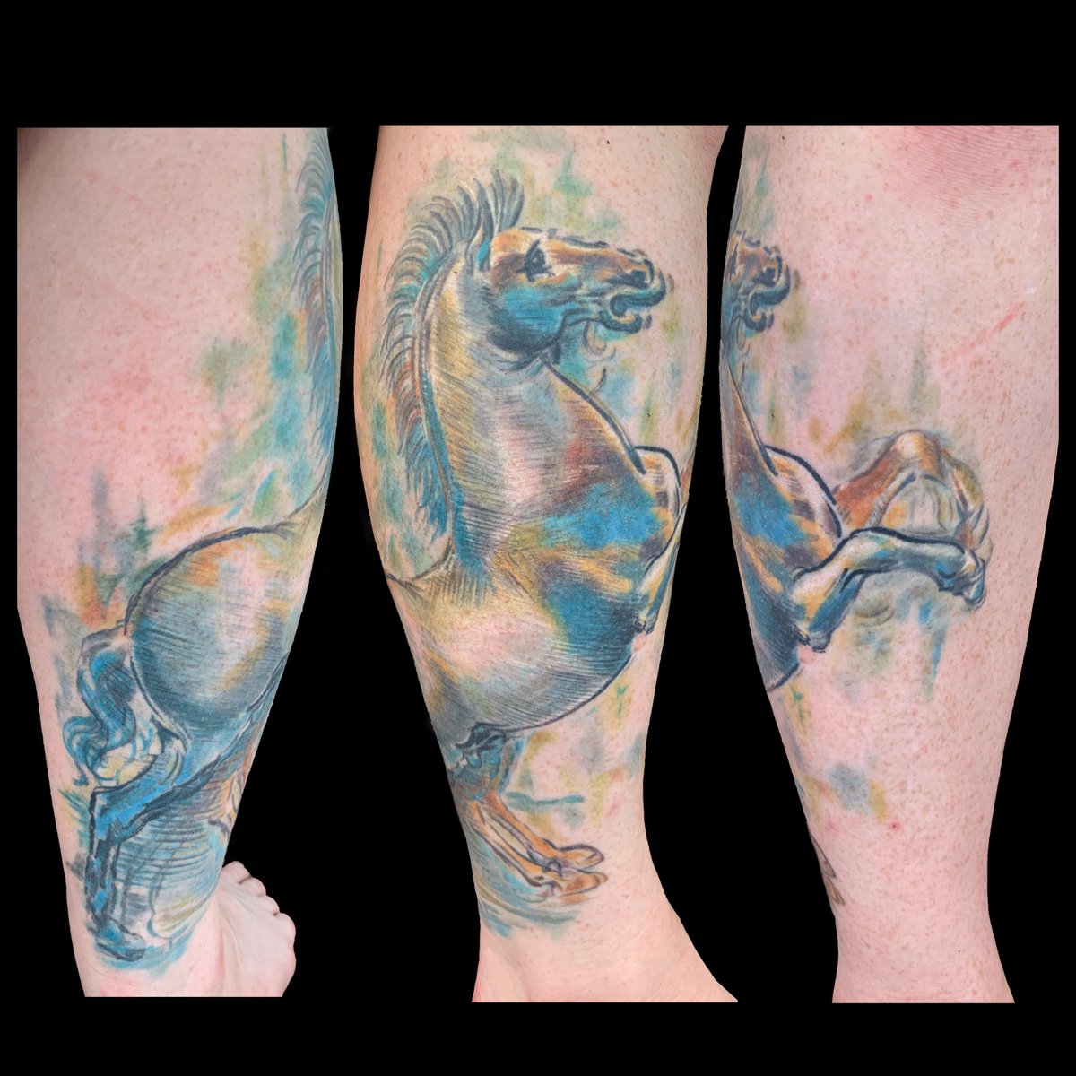 NuclearInk's tweet photo. I love doing tattoos based on some of my favorite historical artists. We based this off of Leonardo Da Vinci’s “Rider on a rearing horse” sketch. My client requested to remove the rider, and to incorporate color into the tattoo in the style of Benedicte Gele’s equine artworks. https://t.co/2KaHWPN7Ws