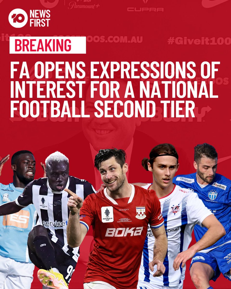 10NewsAU's tweet photo. .@footballaus has opened expressions of interest for football clubs to join a National Second Tier, set to commence in March 2024.

The league will be comprised of 10 to 16 teams and eventually allow the opportunity for promotion and relegation | @10FootballAU https://t.co/ax42m6fyl1