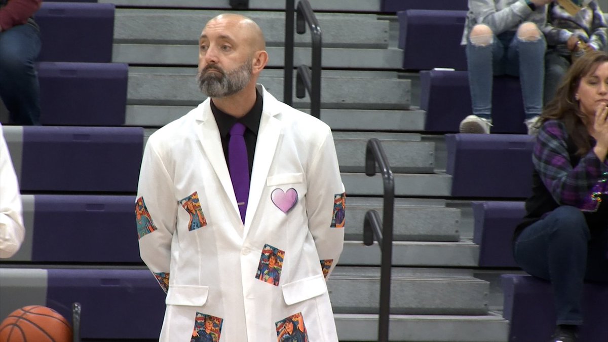 ScottLeberWTVO's tweet photo. Pecatonica head coach Bobby Heisler outdid himself tonight with this outfit with photos of his players on the jacket to honor them on senior night. Put that jacket in the NUIC Hall of Fame immediately! @PecatonicaBBB @PecatonicaGBB @Pec_Cusd321 https://t.co/55nBoDvwCv