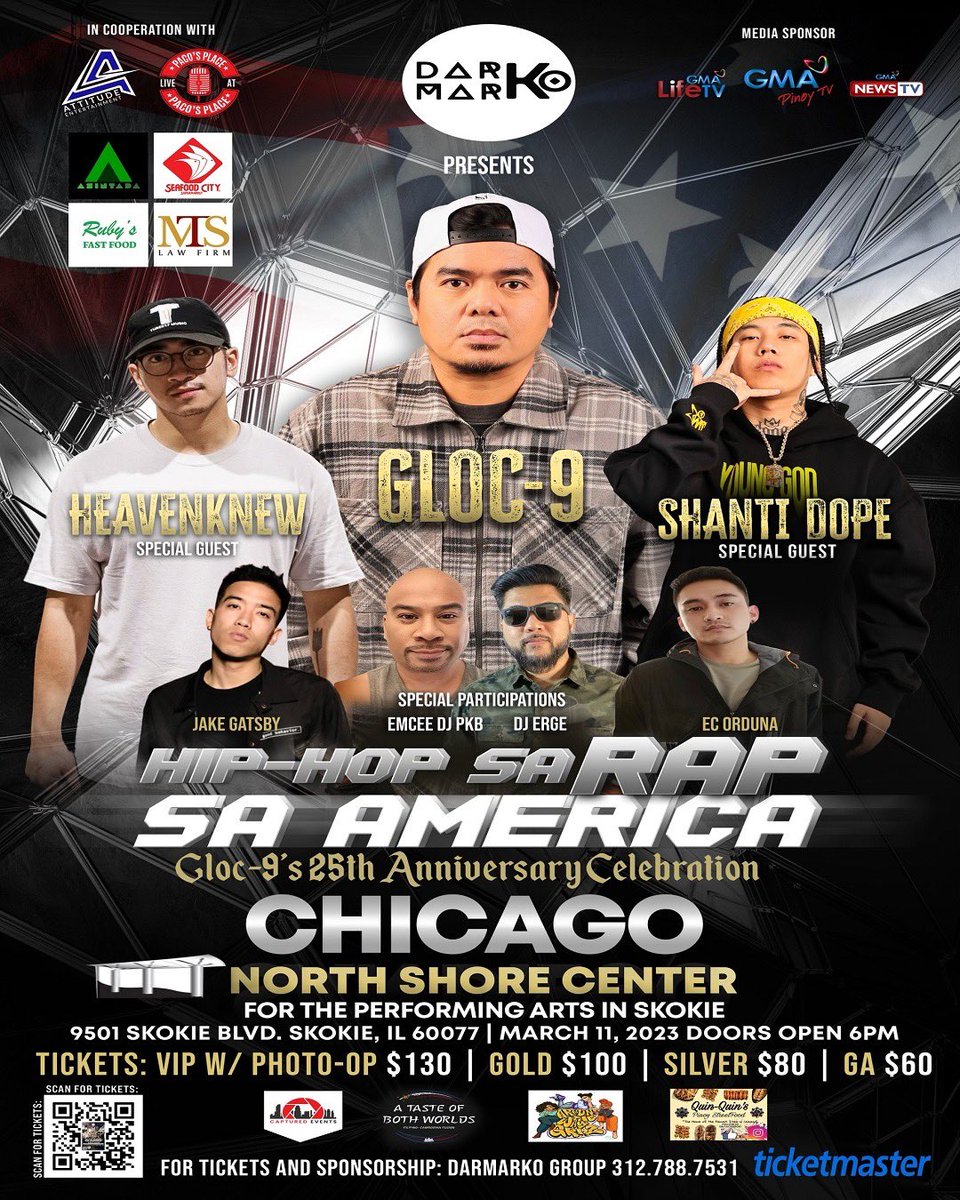 VIP seats with photo ops almost sold out!! Get yours now!!! Call/text 312-788-7531!

Gloc-9 Shanti Dope and HeavenKnew is Set to Perform on 3/11/23

#ShantiDope #Gloc-9 #Filipino #OPM #Filipinosongs #Philippines #pinoyhiphop #pinoyrappers #filipinoevents #filamcommunity