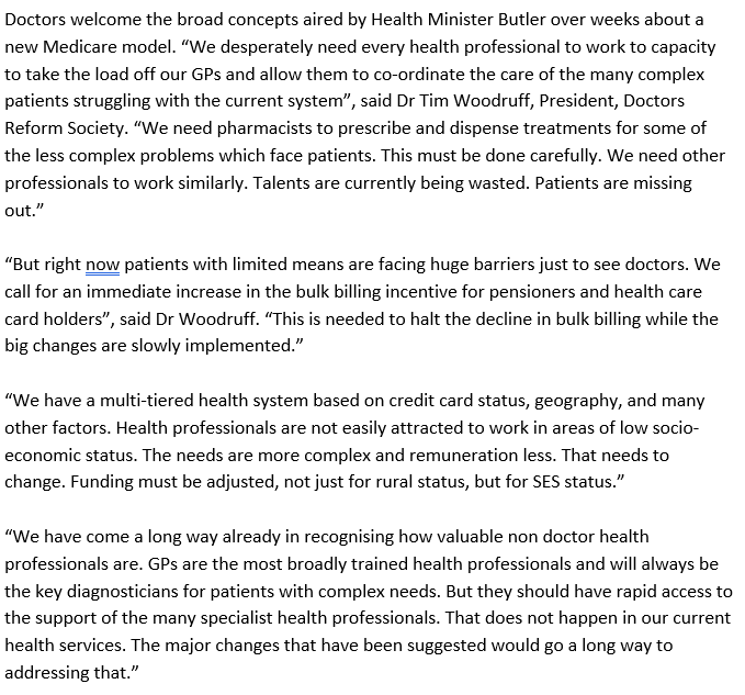 Medicare taskforce release good rhetoric, correct direction. No agreement on detail. Years to implement. 
Need more help NOW to address access to GP and other services. Pharmacists could help but many caveats.