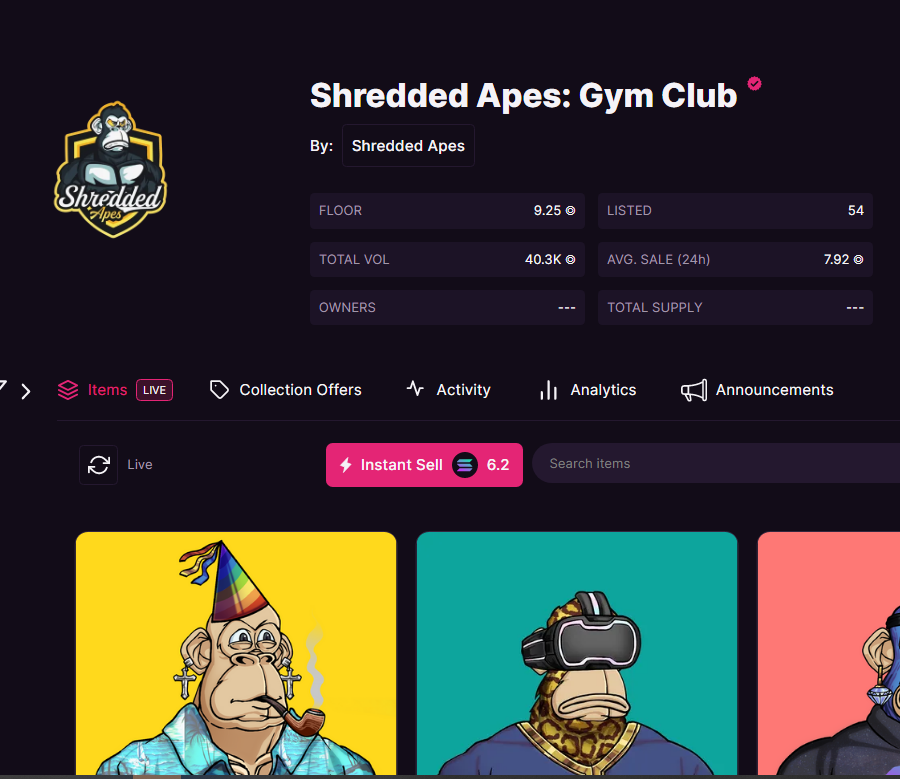 flirting with 10 $sol fp again. We bust through this time? A little over 50 listed. Are you shredded? <a href="/ShreddedApes/">Shredded Apes</a>  This is the $whey