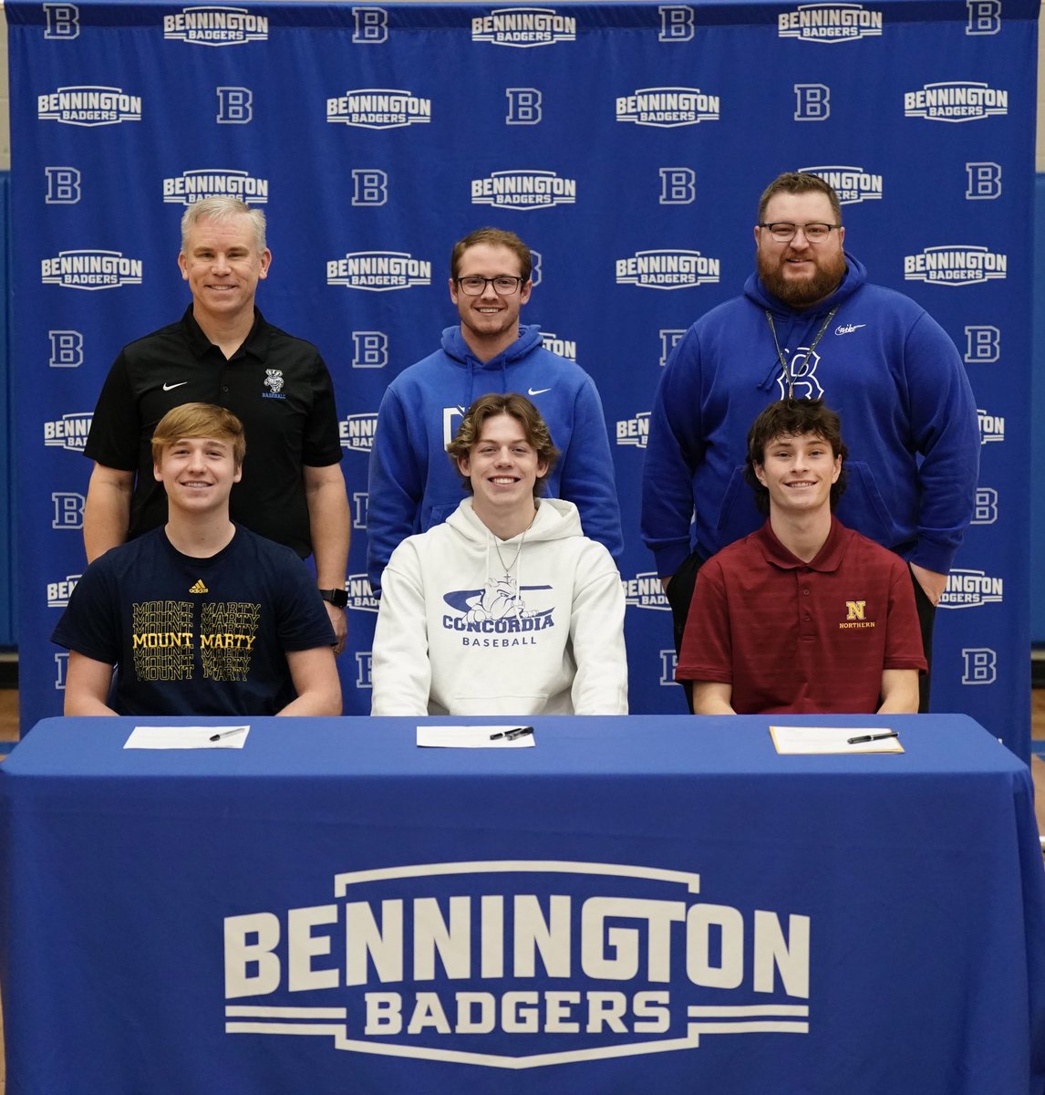 It was a busy morning for the ⁦<a href="/BennBaseball/">Bennington Baseball</a>⁩ team. ⁦<a href="/mlnarik_cooper/">Cooper Mlnarik</a>⁩ ⁦<a href="/JacksonCoe4/">Jackson</a>⁩ ⁦@owendouglas_01⁩ all signed a NLI. I am proud of all 3 of you and wish you the best. You even made ⁦<a href="/mrkrambeck/">Mike Krambeck</a>⁩ smile. #smilingisnothisfavorite.