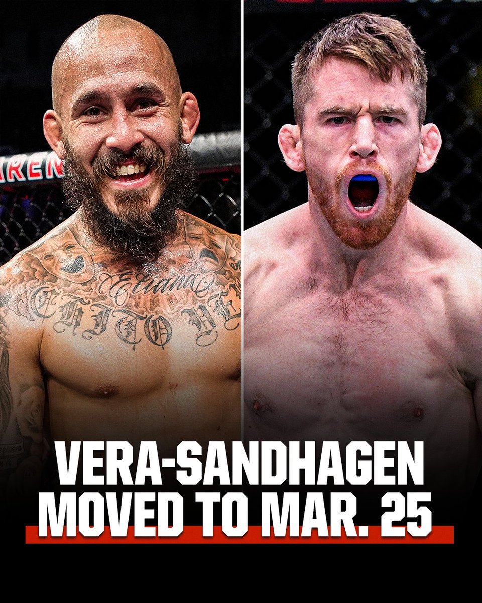espnmma's tweet photo. The UFC has shifted a bantamweight main event between Marlon Vera and Cory Sandhagen from February 18 to March 25, sources confirmed to @bokamotoESPN.

The bout will now serve as the main event at UFC Fight Night in San Antonio. https://t.co/npuGHaqoBz