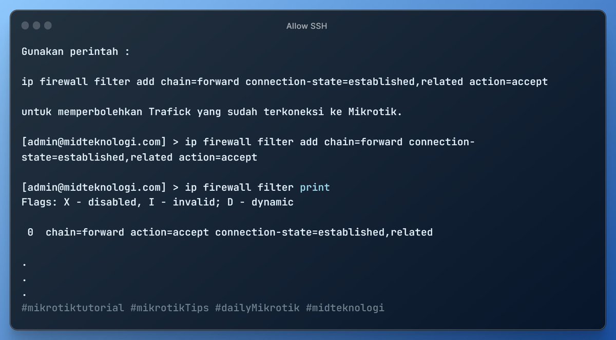 _4dinata's tweet image. Gunakan perintah ip firewall filter add chain=forward connection-state=established,related action=accept untuk memperbolehkan lalu lintas yang sudah terkoneksi ke Mikrotik.
Dukung Kreator 👉 cekgan.com/super-thanks
.

#mikrotiktutorial #mikrotikTips #dailyMikrotik #midteknologi